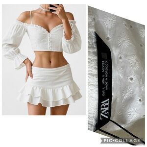 Zara White Lace Puffy Sleeve Ruffle Pleated Button Front Crop Top Size L